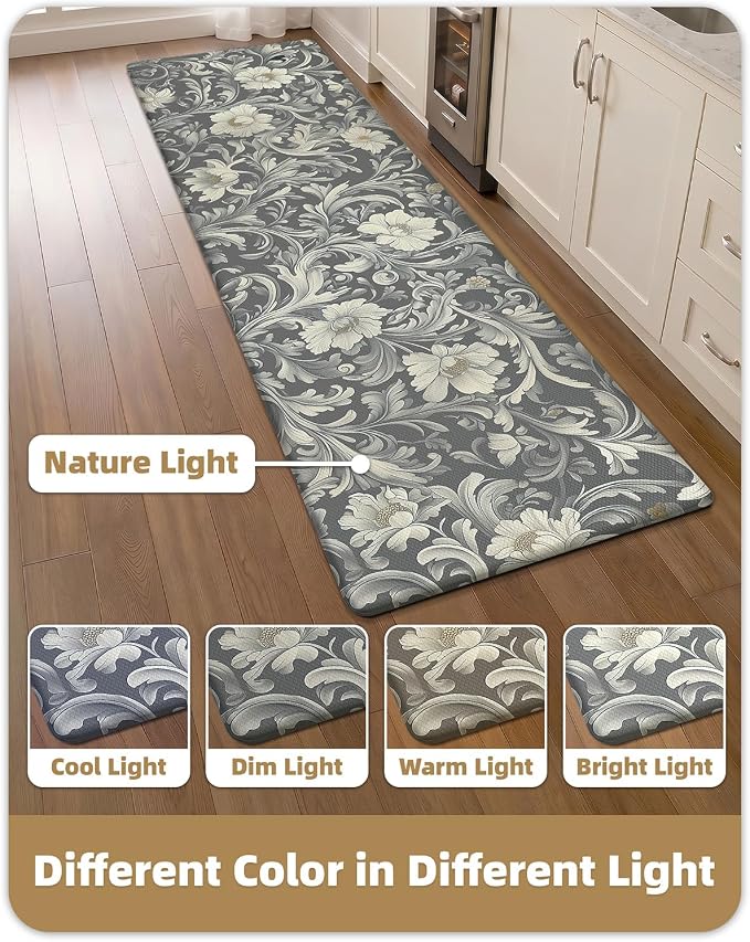 Color&Geometry Floral Kitchen Mat 24"x87", Anti Fatigue Kitchen Mats for Floor, Kitchen Rugs Non Slip, Waterproof & Oil Proof Padded Runner for Standing Desk Office, Sink - Grey