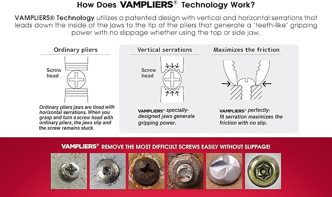 VAMPLIERS 4-Piece Screw Extractor Pliers Set. Made in Japan. High Carbon Steel Stripped Screw Removal Tools. 8" Linesman Pliers, 7.5" Long Nose, 7" Slip Joint, 6.25" BRUTE + Tool Pouch.