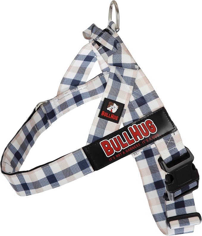 Adjustable Dog Harness– No Pull, No Choke – for English Bulldogs, French Bulldogs, Pugs & Broad-Chested Breeds – Easy, Safe Walks (Blue TAN Plaid, XL)