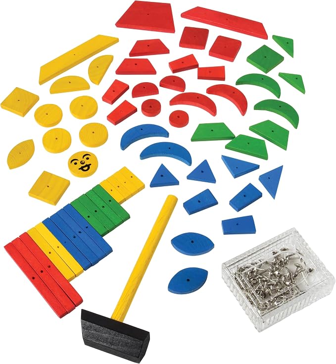 Hammer & Nail Design Kit – Montessori STEM Engineering & Geometry Building Set with 60 Wooden Tiles, Tacks, Hammer & Reusable Cork Board
