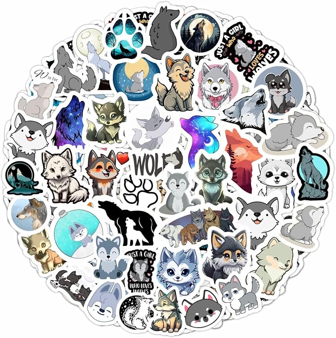 BulbaCraft Cute Wolf Stickers for Water Bottle and Laptop - Wolf Party Supplies & Decorations, Waterproof Vinyl Decals, Cute Animal and Wildlife Stickers, Gifts for Women & Men