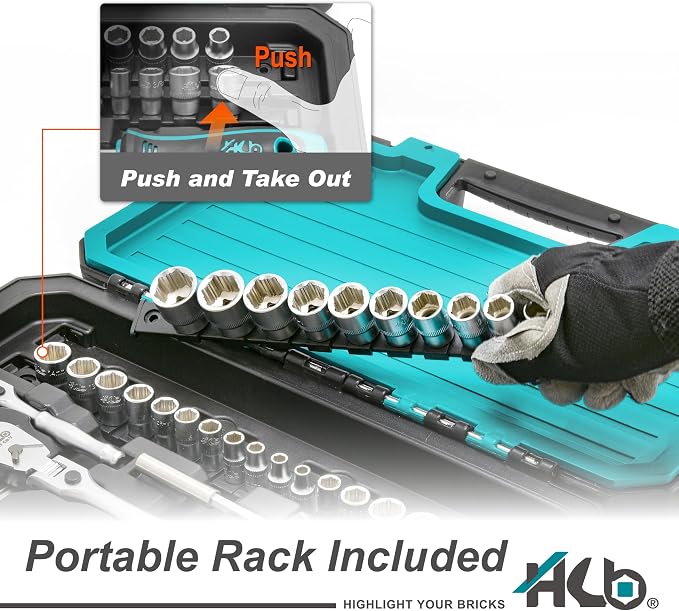 HB 101-Piece Socket Set AKX005-U, 90-Tooth Flex Head Ratchets 3/8"&1/4" Drive, Patented Non-Slip Metric SAE Sockets, Deep & Standard, Extension Bars, Bit Sockets, Rails, Case, Made in Taiwan