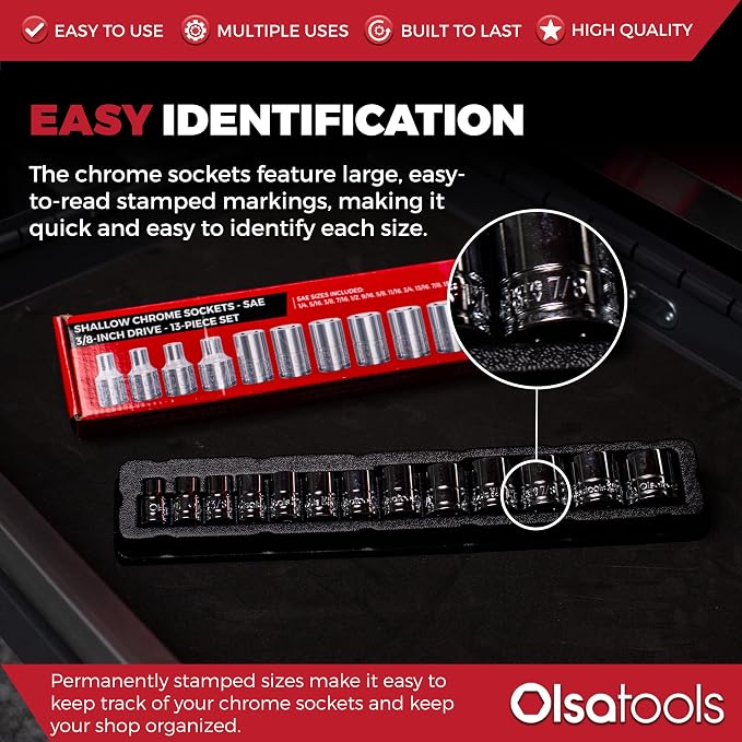 Olsa Tools 3/8-Inch Drive SAE Deep Socket Set - 13pc | 6-Point Chrome Vanadium Sockets, 1/4" to 1", No Skipped Sizes - Professional-Grade SAE Socket Sets - Part: 1333