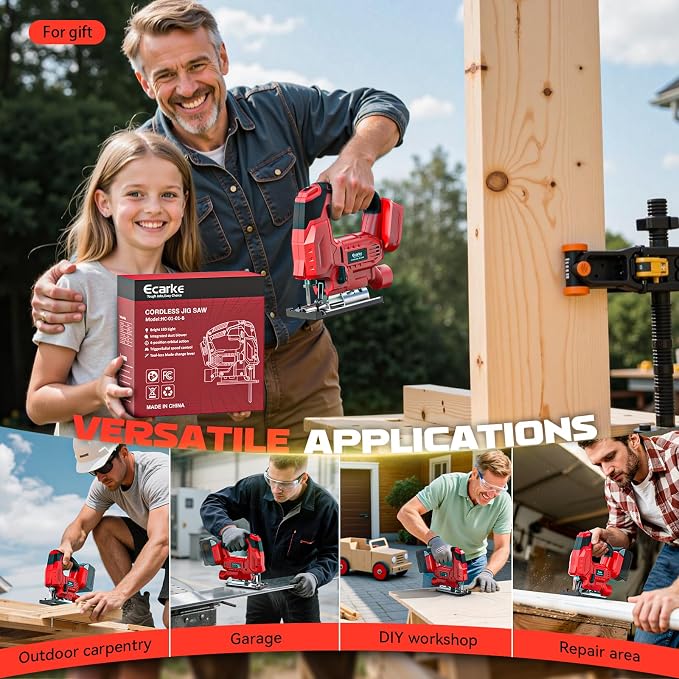 Ecarke Cordless Jig Saw Compatible With Milwaukee 18V Battery, 4 Orbital Sets, 6 Variable Speeds Control, Dust-Blowing, ±45° Bevel Cuts, LED Light & 6PCS Blades for Straight Curve Cutting, Tool Only