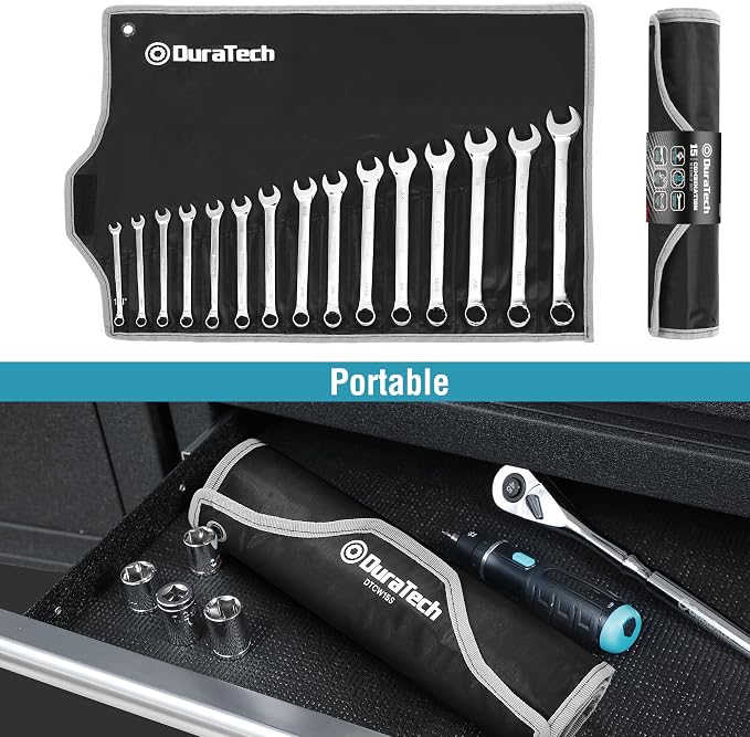 DURATECH Combination Wrench Set, SAE, 15-Piece, 1/4" to 1" | 12-Point, CR-V Steel, Rolling Pouch