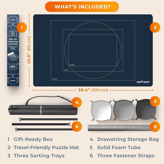 The Original Newverest Jigsaw Puzzle Mat Roll Up, Navy Blue, 39.4” x 23.6” Portable Keeper Up to 1000 Pieces with Non-Slip Rubber Bottom & Smooth Top + 3 Puzzle Sorting Trays & Travel Storage Bag