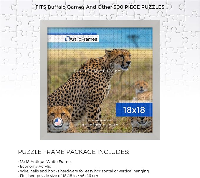 ArtToFrames Puzzle Frame for Buffalo Games 300 Piece Jigsaw Puzzles, 18x18 Inch (46x46 cm), Antique White Engineered Wood with Economy Acrylic, Ready to Hang Puzzle Display