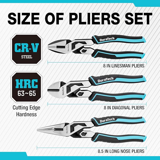 DURATECH 6 Inch Slip Joint Pliers, Small Pliers with Comfortable TPR Handle, High Carbon Steel, Swivel Rivet & DURATECH 3-Piece Compound Pliers Set, Gen 2 Dual Pivot Design for Ultra Labor-Saving