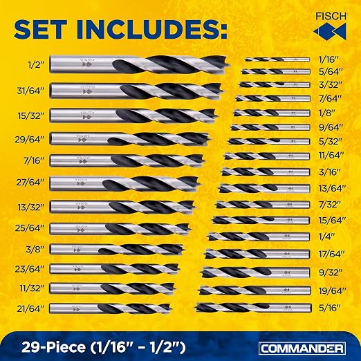 Fisch Chrome Vanadium Brad Point Wood Drill Bit Set, 29-Piece (1/16″–1/2″), Precision Woodworking Drill Bits, Compatible with Standard Drills, for DIY & Professional Use