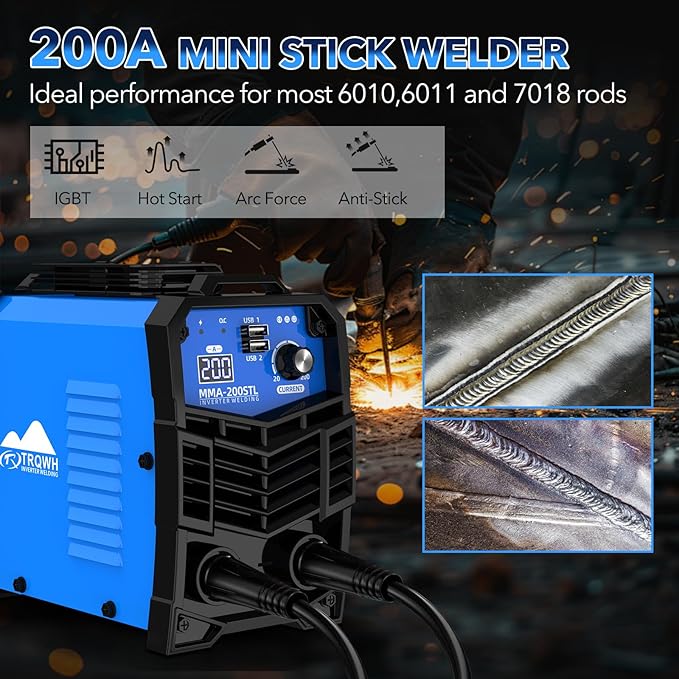 TRQWH 200A Mini Welding Machine 110V Stick Welder ARC Welder Machine IGBT Inverter MMA Welder Tig/Mig Portable Welding Machine Hot Start for Beginners and Professionals Welder