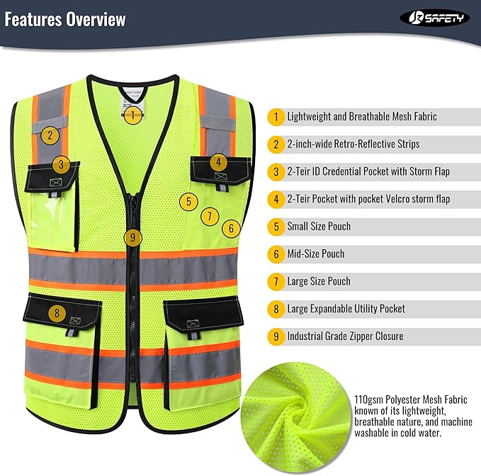 JKSafety Hi Vis Reflective Safety Vests for Men Women High Visibility Vest with Pockets Mesh Fabric Construction Safety Apparel Neon Vest for Work (220-Yellow 5XL)