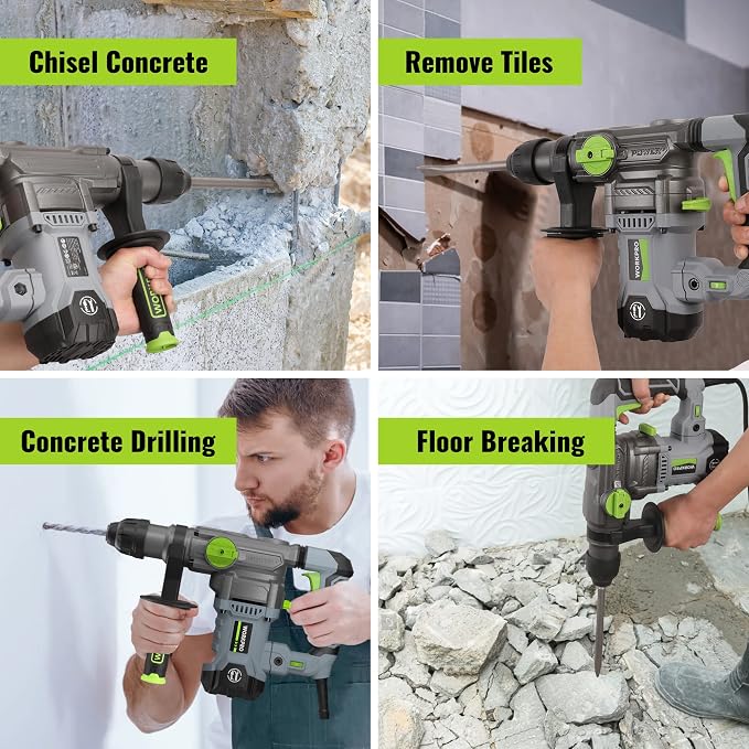 WORKPRO 1-1/4 Inch SDS-Plus Rotary Hammer Drill, 12.5AMP, Heavy Duty Corded Version for Concrete Demolition Chipping Rotomartillo, 5 SDS-Plus Bits