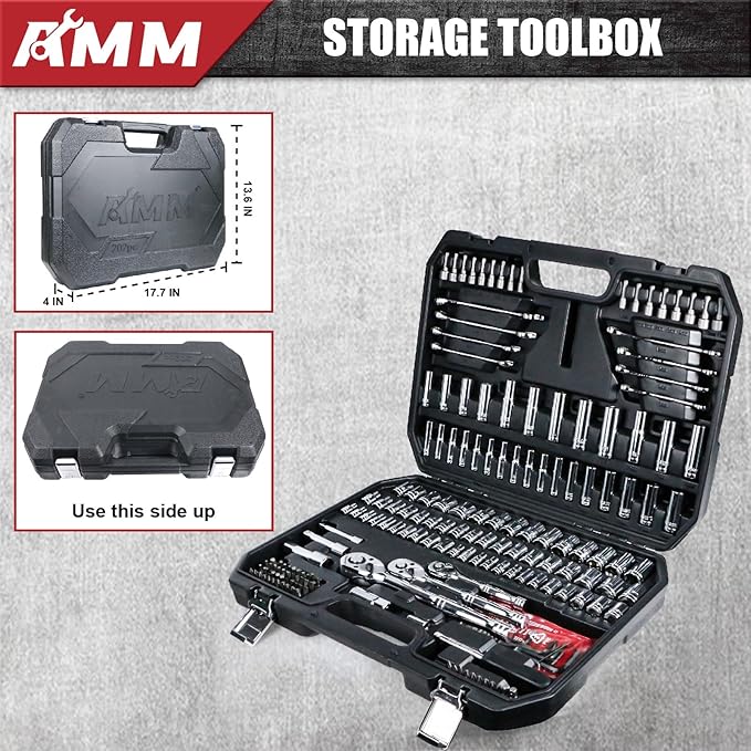 AMM Mechanics Tool Set, 1/4 in, 3/8 in and 1/2 in Drive socket set, 202 Piece