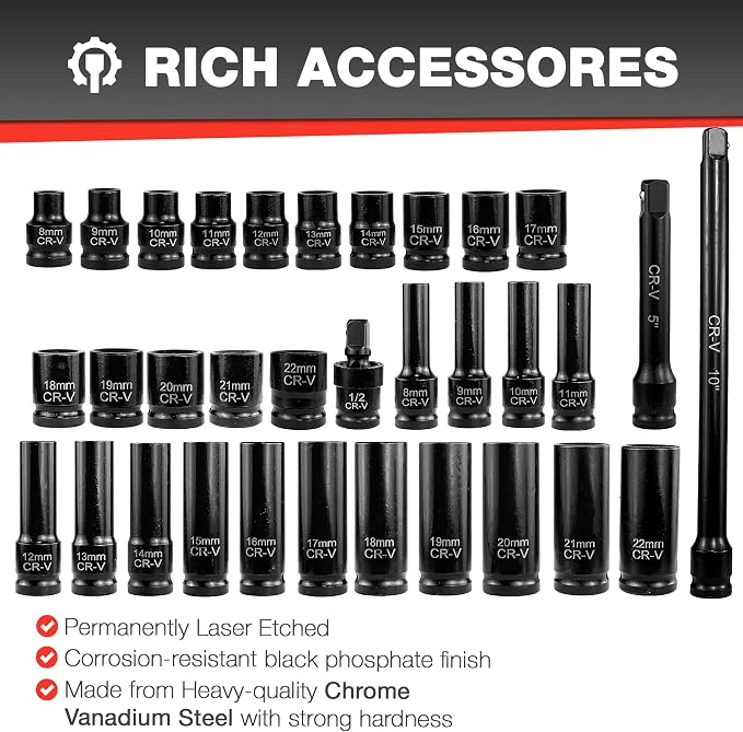 EACELIY 33pcs 1/2" Impact Socket Set (8-22mm), Metric Socket Set, Cr-V Steel, 6 Point Deep & Shallow Sockets, with 5" 10" Extension Bars and 1/2" Universal Joint
