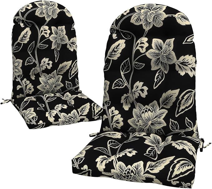 LVTXIII 2 Pack Outdoor Adirondack Chair Cushions, 44x19x4 Inch Water Repellent Patio Cushions for Rocking Chairs, Thick Tufted High Back Seat Cushion Set, Elegant Vines Black