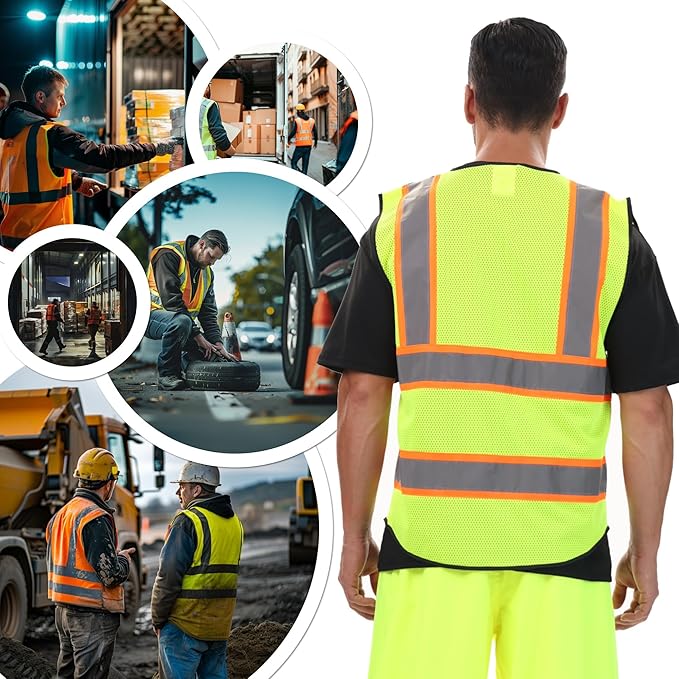 JKSafety Hi Vis Reflective Safety Vests for Men Women High Visibility Vest with Pockets Mesh Fabric Construction Safety Apparel Neon Vest for Work (220-YBlack L)