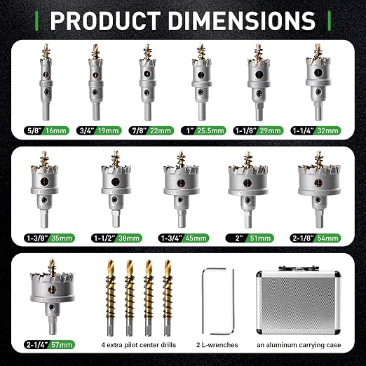 WORKEASE 18 PCS Metal Hole Saw Kit, 5/8" to 2-1/8" TCT Carbide Hole Cutter Set for Stainless Steel, Iron, Aluminum, Brass - Heavy Duty Cutting Drill Bits with 4 Pilot Drills & Storage Case