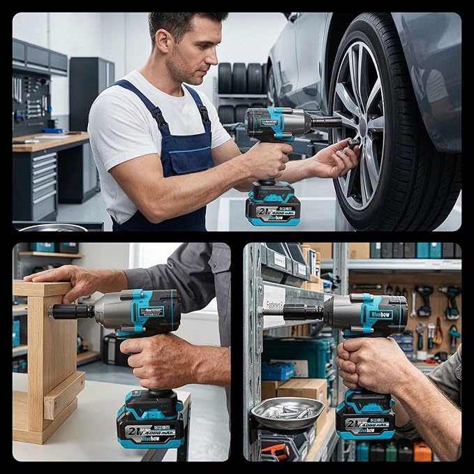 Bluebow Cordless Impact Wrench, 737.5 ft-lbs (1000 N·m) Brushless Impact Wrench with 2x4.0Ah Battery, 1/2" 3-Speed Modes Impact Gun with 4 Sockets for Pickup, Truck, Home Car