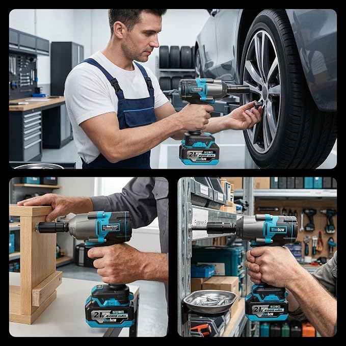 Bluebow Cordless Impact Wrench, 960 ft-lbs (1300 N·m) Brushless Impact Wrench with 2x4.0Ah Battery, 1/2" 3-Speed Modes Impact Gun with 4 Sockets for Pickup, Truck, Home Car