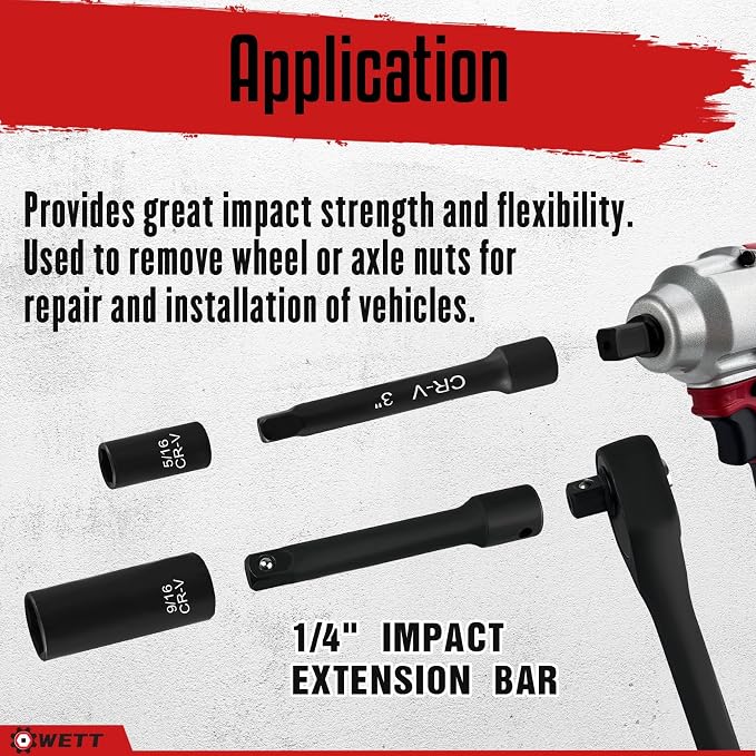 WETT 55-Piece 1/4" Drive Impact Socket Set, SAE/Metric, Deep/Shallow, Cr-V Steel, 6 Point, (5/32"-9/16", 4-15mm) Sockets with Ratchet Handle, Extension bar, Adapter and Universal Joint