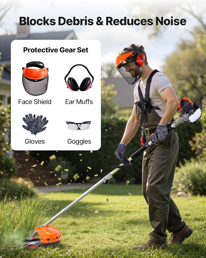 VEVOR Gas Hedge Trimmer, 2 Cycle Gas Power Handheld Trimmer, 7-in-1 26cc Weed Eater with Extension Pole & Protective Gear Set, Includes Hedge & String Trimmer, Brush Cutter(3T & 40T), Edger, Pole Saw