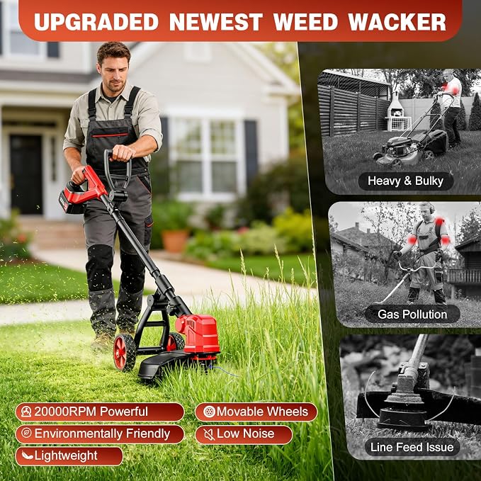 6000mAh Cordless Electric Weed Wacker, 12" Brushless Cordless String Trimmer, 4 in 1 Weed Eater/Brush Cutter/Weed Trimmer with 2*Batteries Powered & Auxiliary Wheels, Grass Trimmer (Red A)