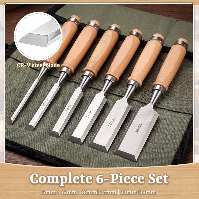 10 Pcs Woodworking Tools Set, Includes 6 Wood Chisel CR-V Steel Beveled Blades (1/4", 1/2", 3/4", 1", 1 1/4", 1 1/2"), 3 Japanese Hand Saws SK5 Blade & Solid Beech Mallet for Carpenter DIY