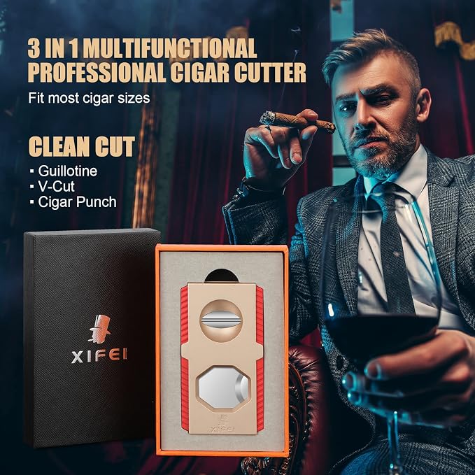 XIFEI Cigar Cutter V-Cut Guillotine 3 in 1 Straight Cut V Cutter with Cigar Punch Stainless Steel Blade Ergonomic Design Secure-Lock Cigar Clipper,Cuts Up to 60 Ring Gauge Cigars (Gold)