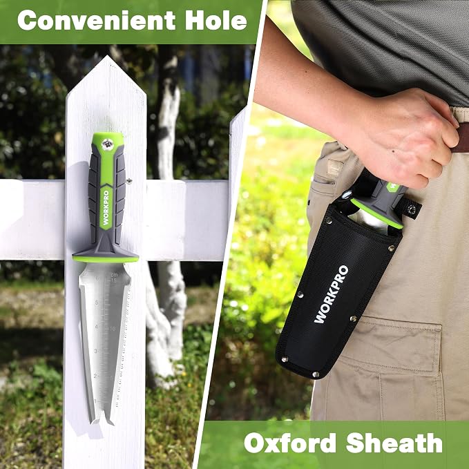 WORKPRO Hori Hori Garden Knife, 7" Stainless Steel Blade with Cutting Edge, Garden Tools with Oxford Sheath, Ergonomic TRP Handle with Hanging Hole for Weeding, Planting, Digging