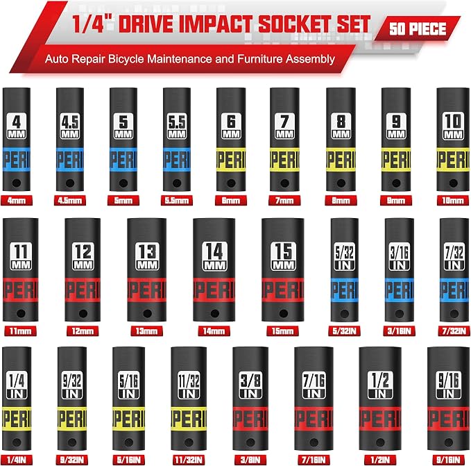 50 Piece 1/4" Drive Impact Socket Set, SAE (5/32" - 9/16") & Metric (4 mm - 15 mm), Deep and Shallow Sockets, Auto Repair Bicycle Maintenance and Furniture Assembly