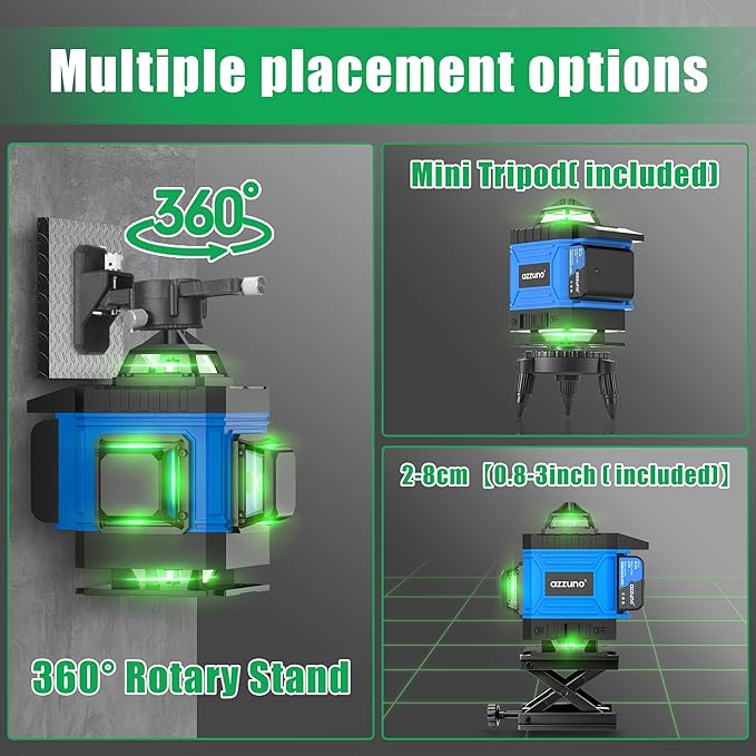 AZZUNO Laser Level 360 Self Leveling Green Beam with LCD Screen, 4x360 lazer leveler tool, Rechargeable Battery & Magnetic Base - Ideal for Construction, Tiling, Tool Gift