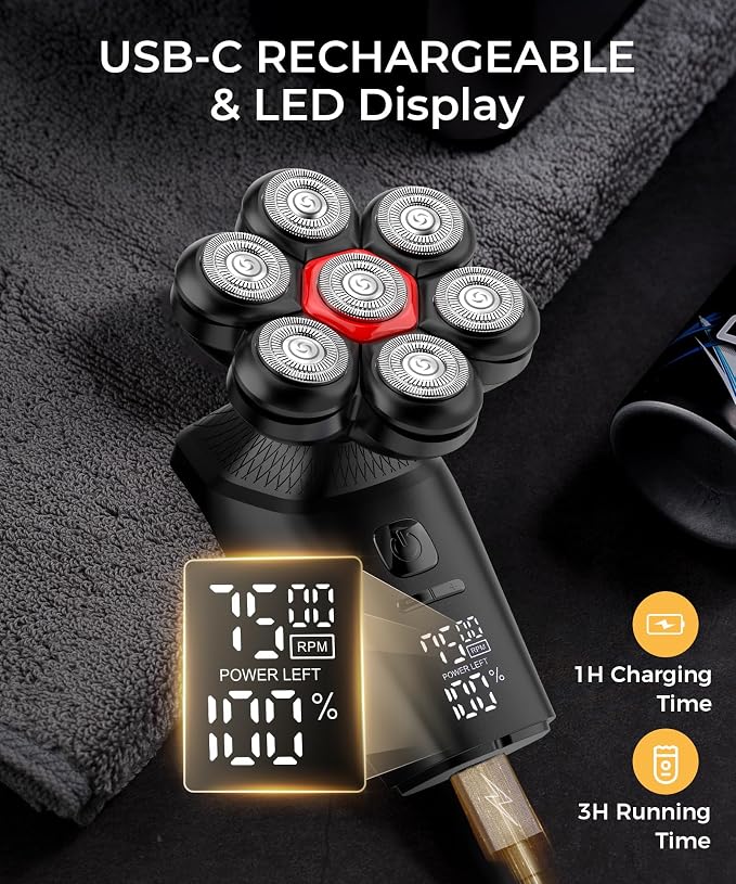 Head Shavers for Bald Men, 7D Head Shaver with LED Display, 3 Adjustable Modes, 10000 RPM High Speed Motor, IPX8 Waterproof, USB Fast Charging, Melanic Black Gifts for Men Husband Father