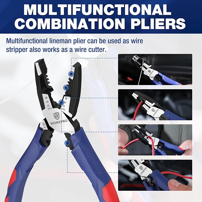 WORKPRO Pliers Set, Premium Cr-V Construction & WORKPRO 8-in Linesman Pliers with Wire Cutter and Stripper