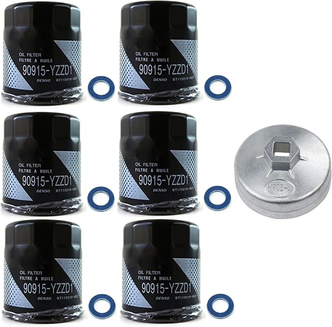 6pcs Oil Filter 90915-YZZD1 with Plug Oil Drain Gasket 90430-12031 & 74mm Oil Filter Cap Wrench Compatible with TOYOTA 4Runner Avalon Camry Supra T100 Tacoma | LEXUS ES300 GS300 RX300 Others