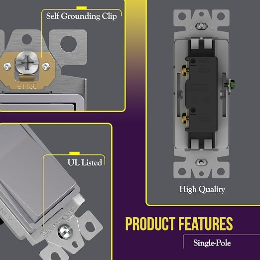 ENERLITES Elite Series Decorator Rocker Light Switch, 15A 120V/277V, Gloss Finish, Single Pole, 3 Wire, Grounding Screw, Residential Grade, UL Listed, 91150-SV, Silver Color