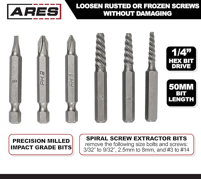 ARES 18026-1/4-Inch Drive Manual Reversible Impact Driver - Includes 6-Piece Flathead, Phillips, and Spiral Screw Extractor Bit Set - Disengage Rusted Fasteners or Frozen Bolts - Compact Design