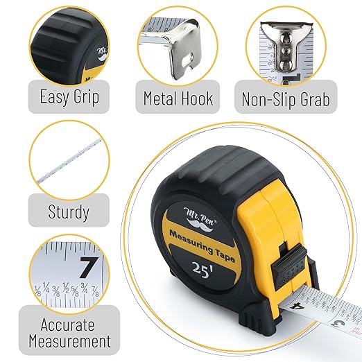 Mr. Pen- Retractable Tape Measure 25 ft, 2 Pack, Yellow, Easy Read, Steel Retractable Measuring Tape with Fractions, Ideal for Construction & DIY Projects