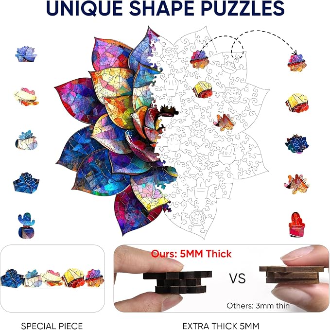 Delobil Wooden Puzzles for Adults 500 Pieces, Stained Glass Succulent Jigsaw Puzzles, Unique Shaped Plant Puzzle Gift for Kids, Family Puzzle Game, 16.5 x 16.3 Inches