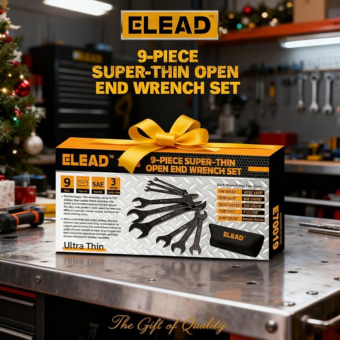 ELEAD 9-Piece Super-Thin Open End Wrench Set, SAE 1/4"-1-1/16", CR-V Nickel Plated, 3 mm Thickness Ultra-Slim Wrench Set for Tight Spaces, Durable Roll-Up Pouch for Mechanics