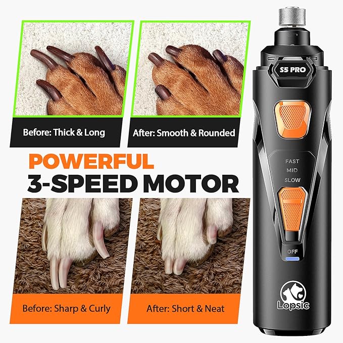 Whisper Quiet Dog Nail Grinder with 4 LED Lights, Safe & Stress-Free for Sensitive Dogs Cats of All Breeds & Sizes, 3 Grinding Bits, 3-Speed, Pet Nail Trimmers, Rechargeable Painless Grooming Kit
