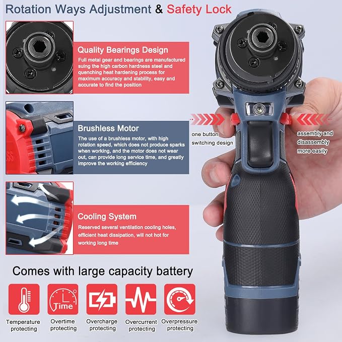 Dioche Electric Screwdriver 16.8V Multi Function Brushless Cordless Impact Screwdriver (2pcs Batteries US Plug)