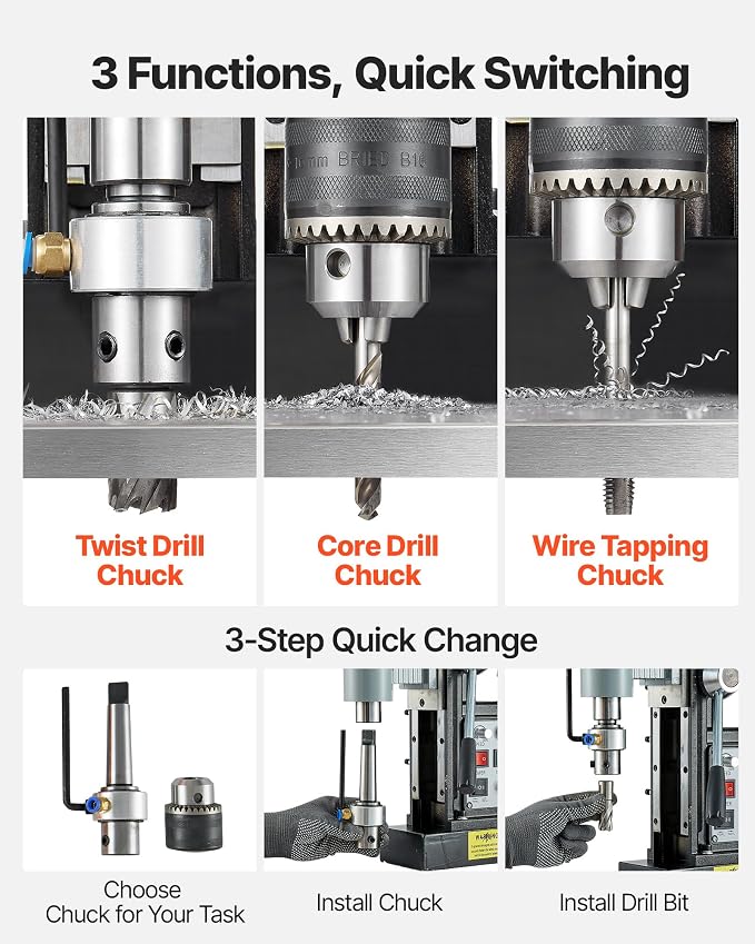 VEVOR Magnetic Drill Press, 1550 W, 2.4 in Boring Diameter, 2922 lbf Power Mag Drill Press, 0-600 RPM Adjustable Speed, Morse Taper, M3-M16 Tapping, for Metal Surface, Industrial and Home Improvement