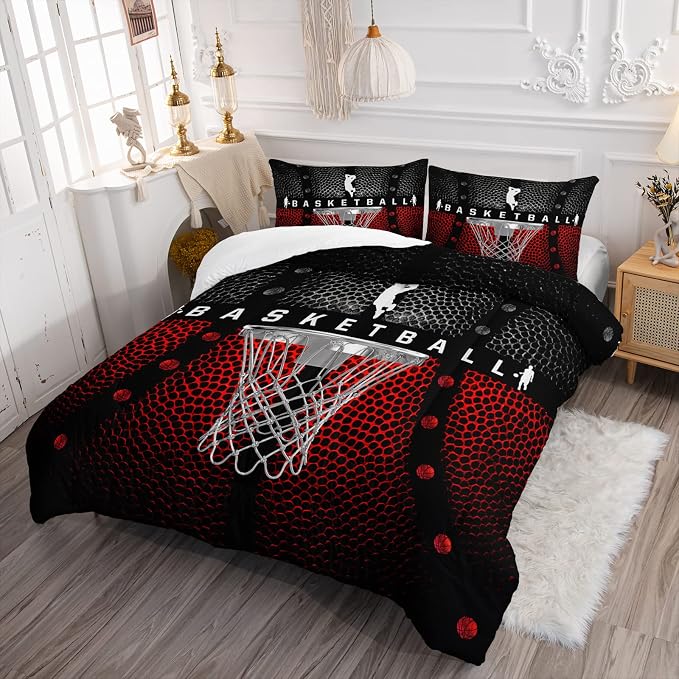 Axolotl Basketball Bedding Set for Boys Kids Teens,Soft Black and Red Sports Theme Basketball Bedding Sets Twin Size with 1 Comforter and 2 Pillowcases All Season