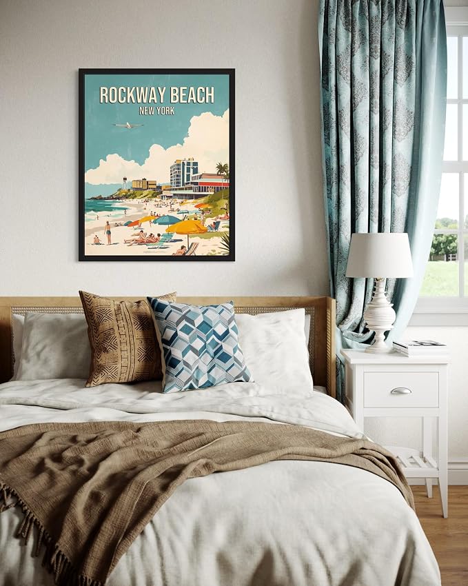 Rockaway Beach New York Wall Art Print Poster, US Vintage Retro Beach Scenery Posters Prints for Restroom Home Picture Painting Artwork Gallery 219 (Rockaway Beach New York, 16 x 20 inches, Black Frame)