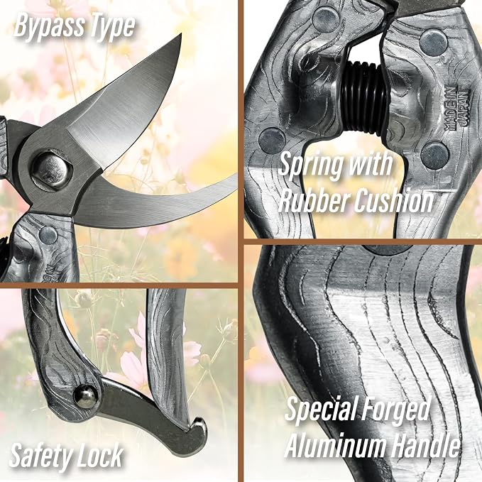 SUIZAN Bypass Pruning Shears 8.3” Plus Forged Aluminum Handle - Professional Japanese Hand Pruners Garden Scissors Gardening Tools