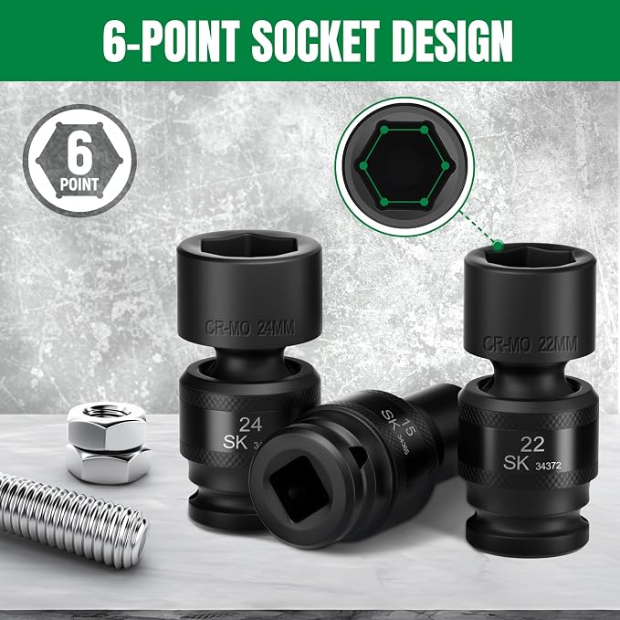 SK 1/2" Drive Swivel Impact Socket Set, Universal Joint Socket, 15-Piece | 10, 11, 12, 13, 14, 15, 16, 17, 18, 19, 20, 21, 22, 23, 24mm, Premium CR-MO Steel, SureGrip 6 Point Design, Storage Case