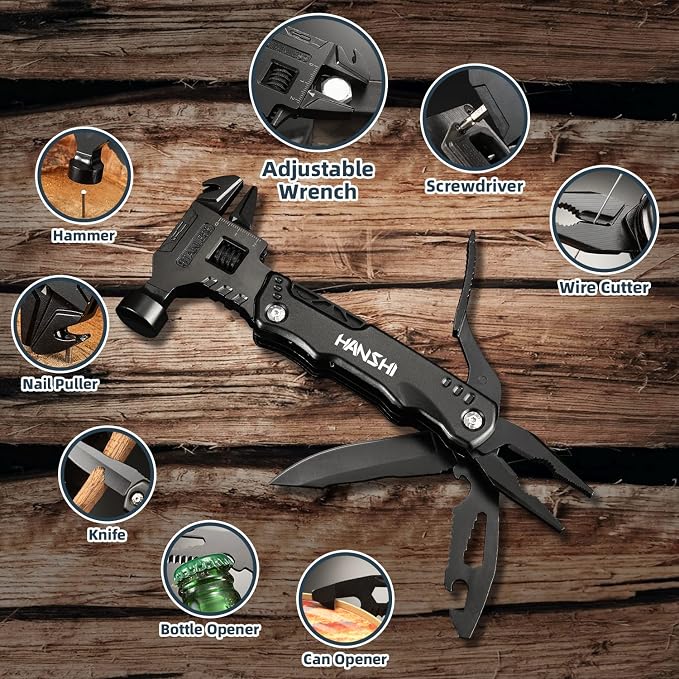 HANSHI Adjustable Wrench Multitool Hammer with Nylon Sheath for Gift