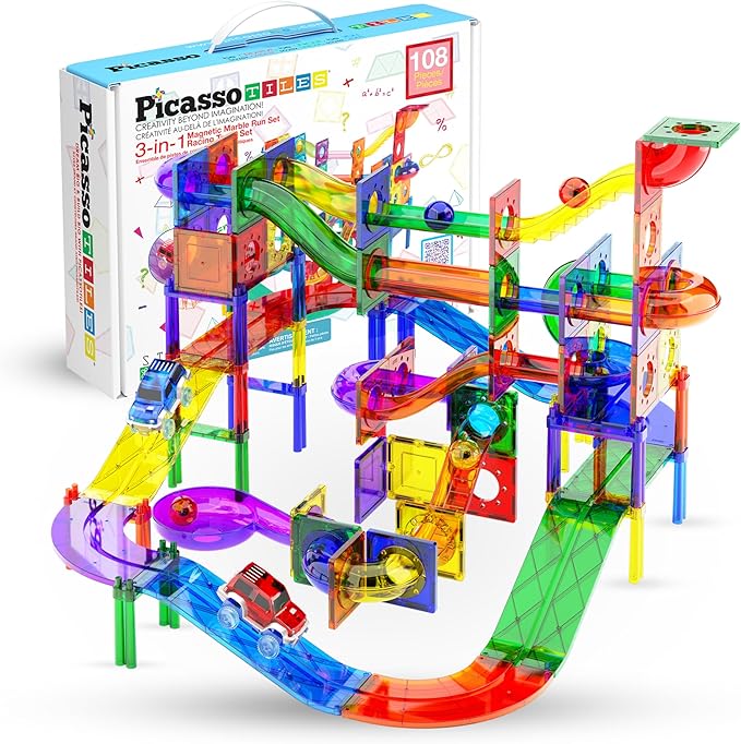 PicassoTiles 108 Pcs Marble Run with Race Track Set with Magnetic Tiles Cars and Marbles STEM Learning Toy 3-in-1 Building Construction Kit for Indoor Activity Development Boys & Girls Ages 3+ PTG108