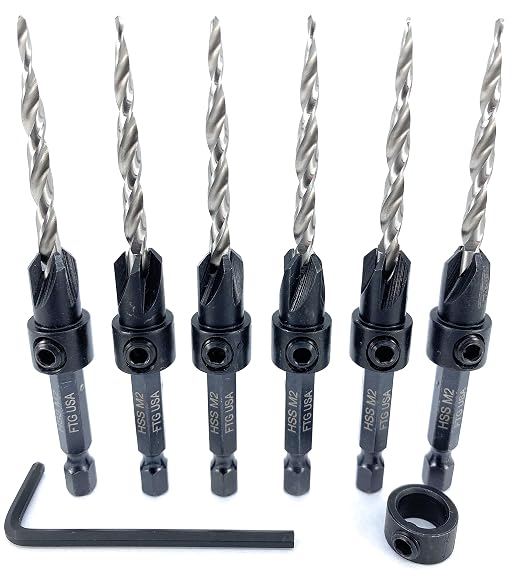 FTG USA 6 Pc #8 (11/64") Countersink Drill Bit Set with Depth Stop Collar, Hex Wrench - Tapered Drill Bits for Wood