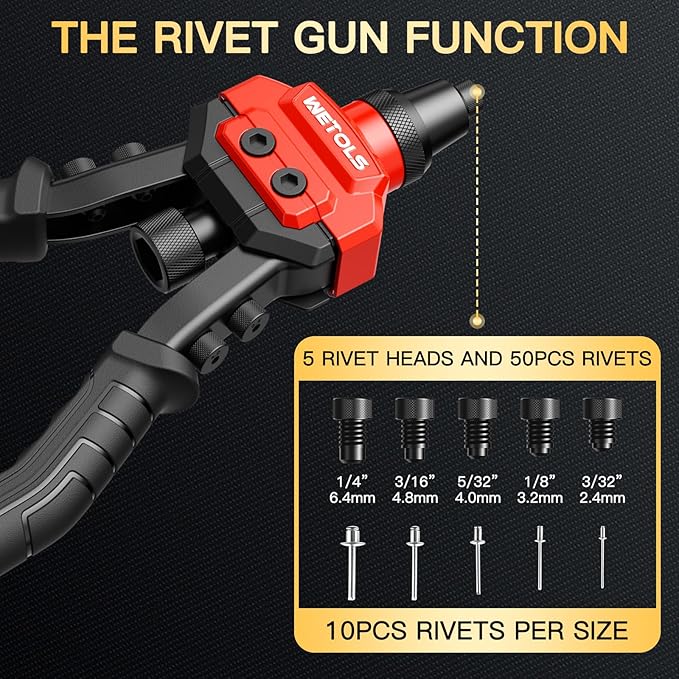 WETOLS 3 in 1 Rivet Nut Tool, Rivet Gun, Reamer Set, Professional Rivet Gun Kit with 5 Rivet Heads and 6 Metric & SAE Mandrels, Hand Riveter Tool with 50 Rivets and 60 Rivet Nuts, Sturdy Case, WE-890